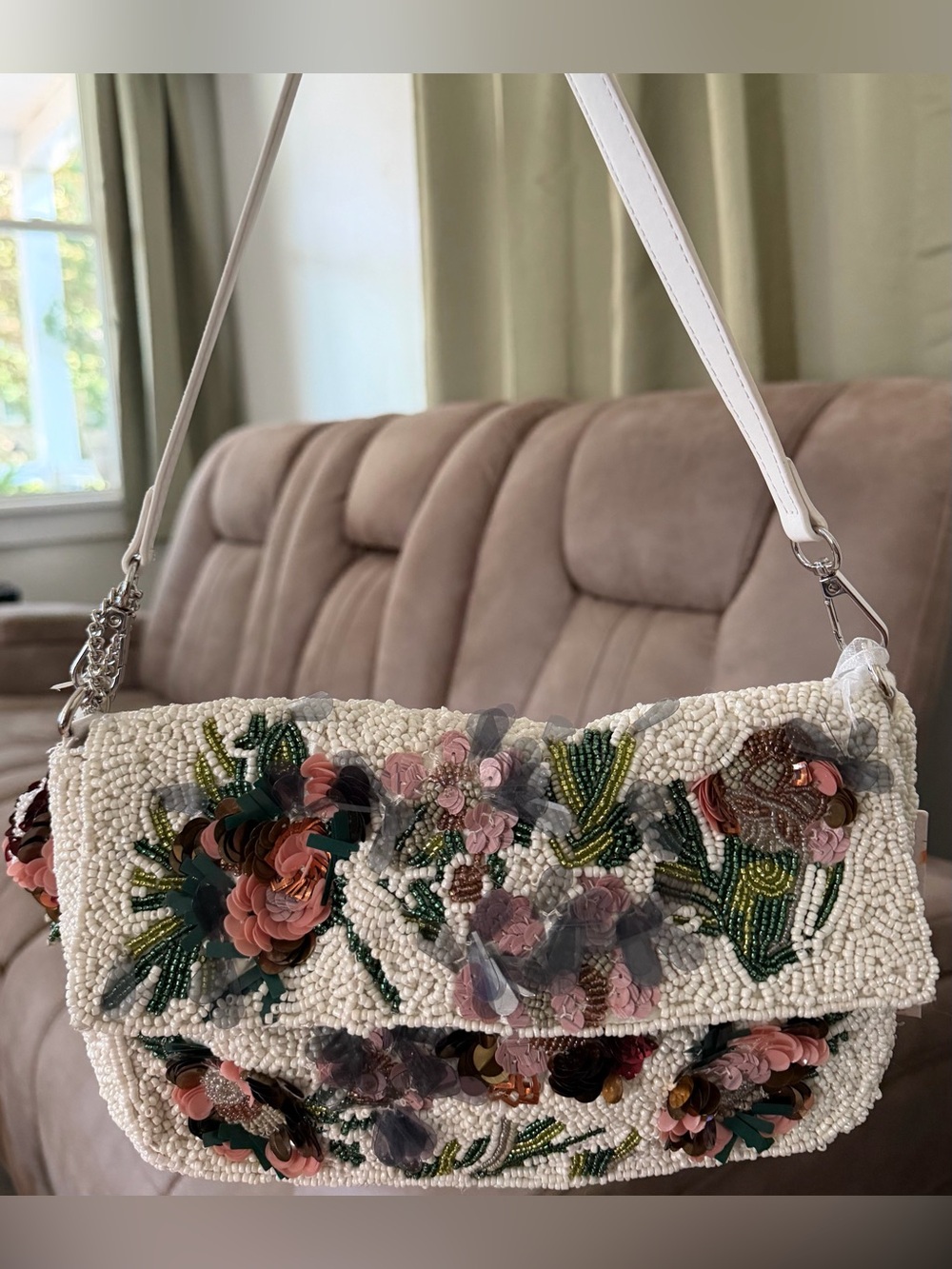 White Hand Beaded Shoulder Bag with Pink & Green Floral Appliqué - Picture 3 of 7